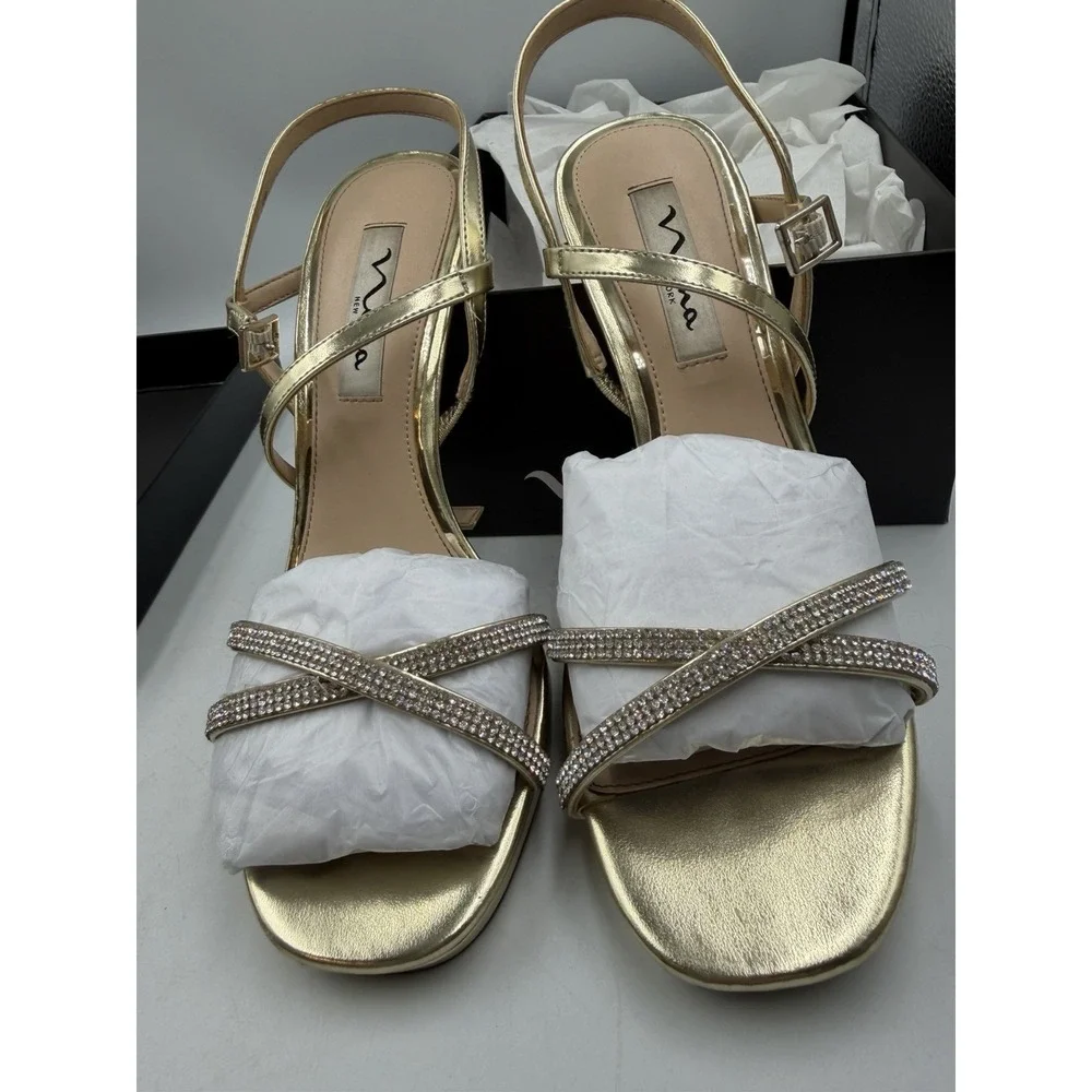 New With Box Nina Gold Strappy Sandals with Rhinestone Accents Size 7.5 M